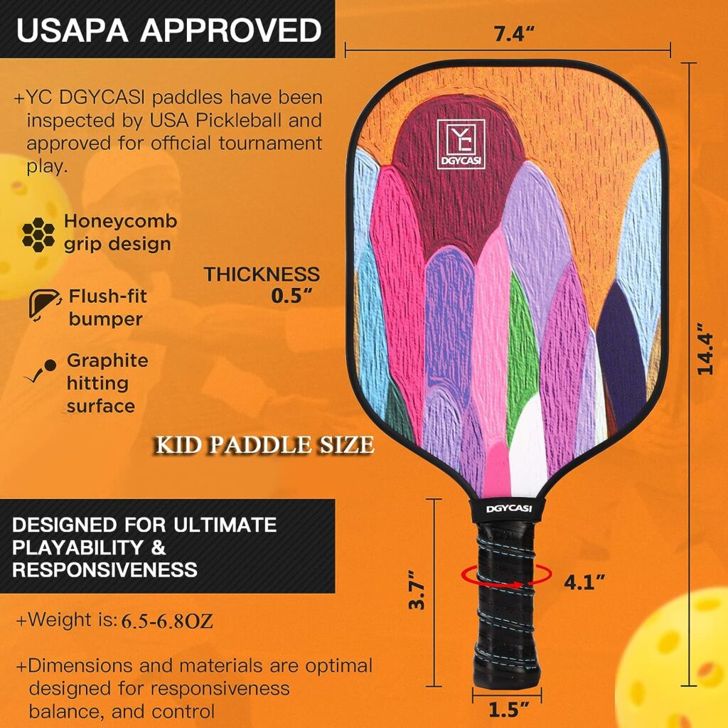 Graphite Pickleball Paddles Set of 6, 2023 USAPA Approved, 2 Kids  4 Adult Paddles, Fiberglass Surface (CHS), Polypropylene Lightweight Honeycomb Core, 6 Pickleball, 4 Replacement Soft Grip + Bag