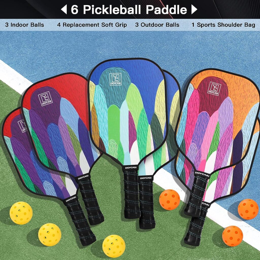 Graphite Pickleball Paddles Set of 6, 2023 USAPA Approved, 2 Kids  4 Adult Paddles, Fiberglass Surface (CHS), Polypropylene Lightweight Honeycomb Core, 6 Pickleball, 4 Replacement Soft Grip + Bag