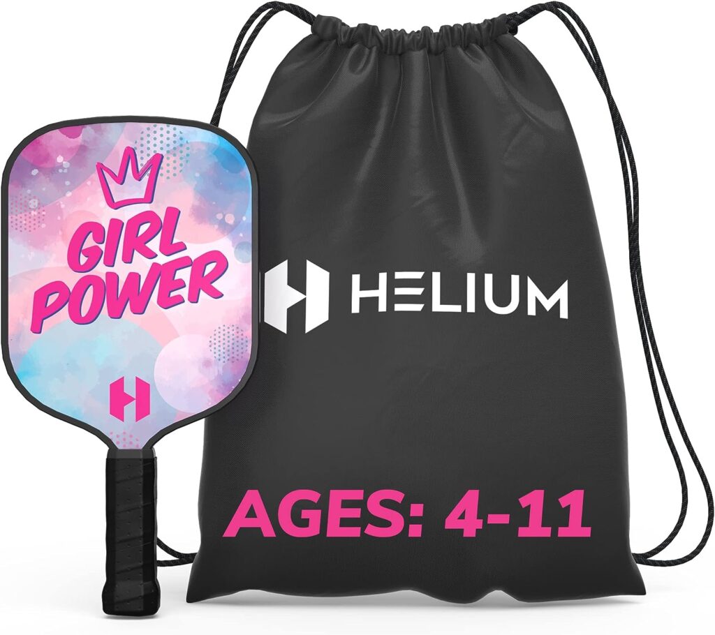 Helium Pickleball Paddle for Kids – Child Size for Children 12 and Under, Lightweight Honeycomb Core, Graphite Strike Face, Pickleball Paddle  Drawstring Bag - Girl Power