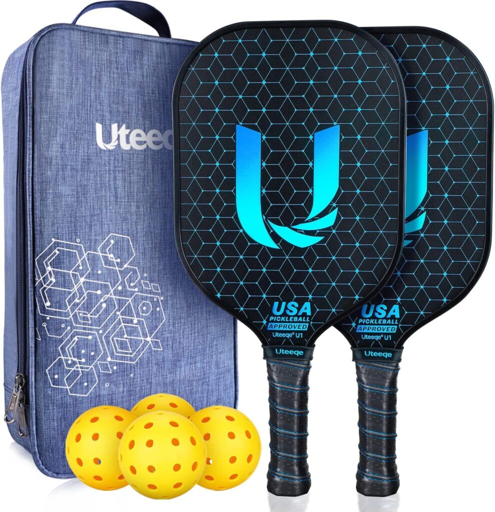 Uteeqe Pickleball Paddles Set of 2 - Graphite Surface with High Grit  Spin, USAPA Approved Pickleball Set Pickle Ball Raquette Lightweight Polymer Honeycomb Non-Slip Grip w/ 4 Outdoor Balls  Bag